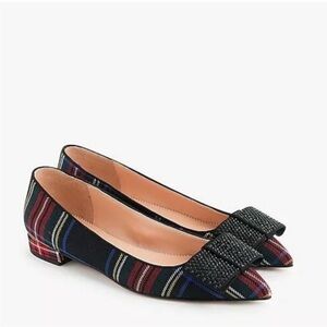 J. Crew Tartan Plaid Pointy Toe Flat with Crystal Bow Size 8.5 NIB